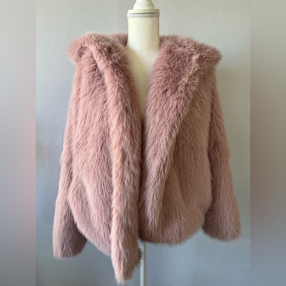 Blush Pink Faux Fluffy Fur Hooded Bat Sleeve Coat, Size S/M
